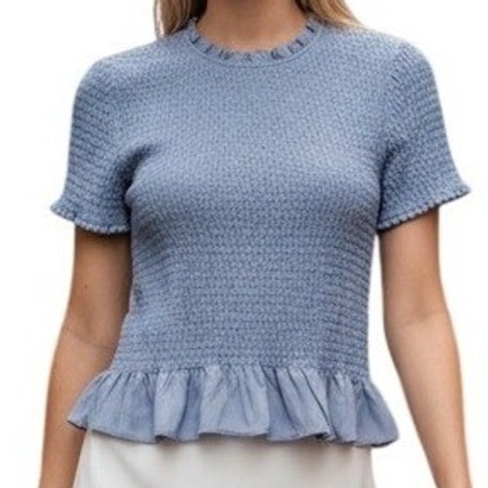 EXPRESS Dusty Blue Smocked Peplum Ruffle Neck Short Sleeve Top NWOT XS‎